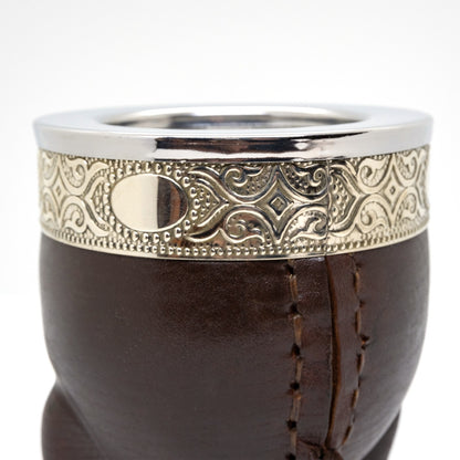 Imperial Brown Leather Mate Cup with Alpaca & Steel Rim + Stainless Steel “Pico de Loro” Bombilla | Handmade Argentine Mate Gourd