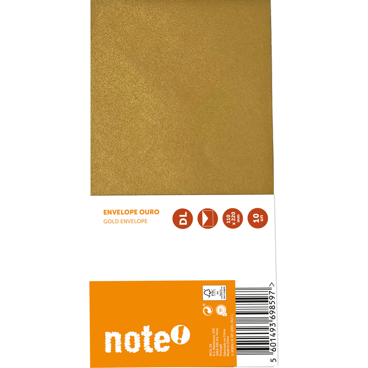 Envelope DL Dourado 110x220cm 10 Unidades Note!