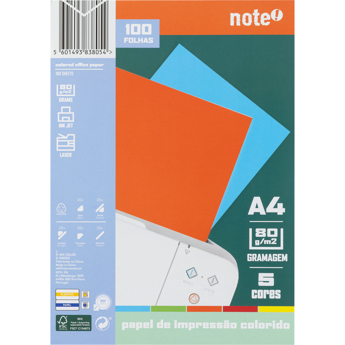 Resma de Papel de Impressão A4 Colorido Tons Fortes 100 Folhas 80g/m2 Note!