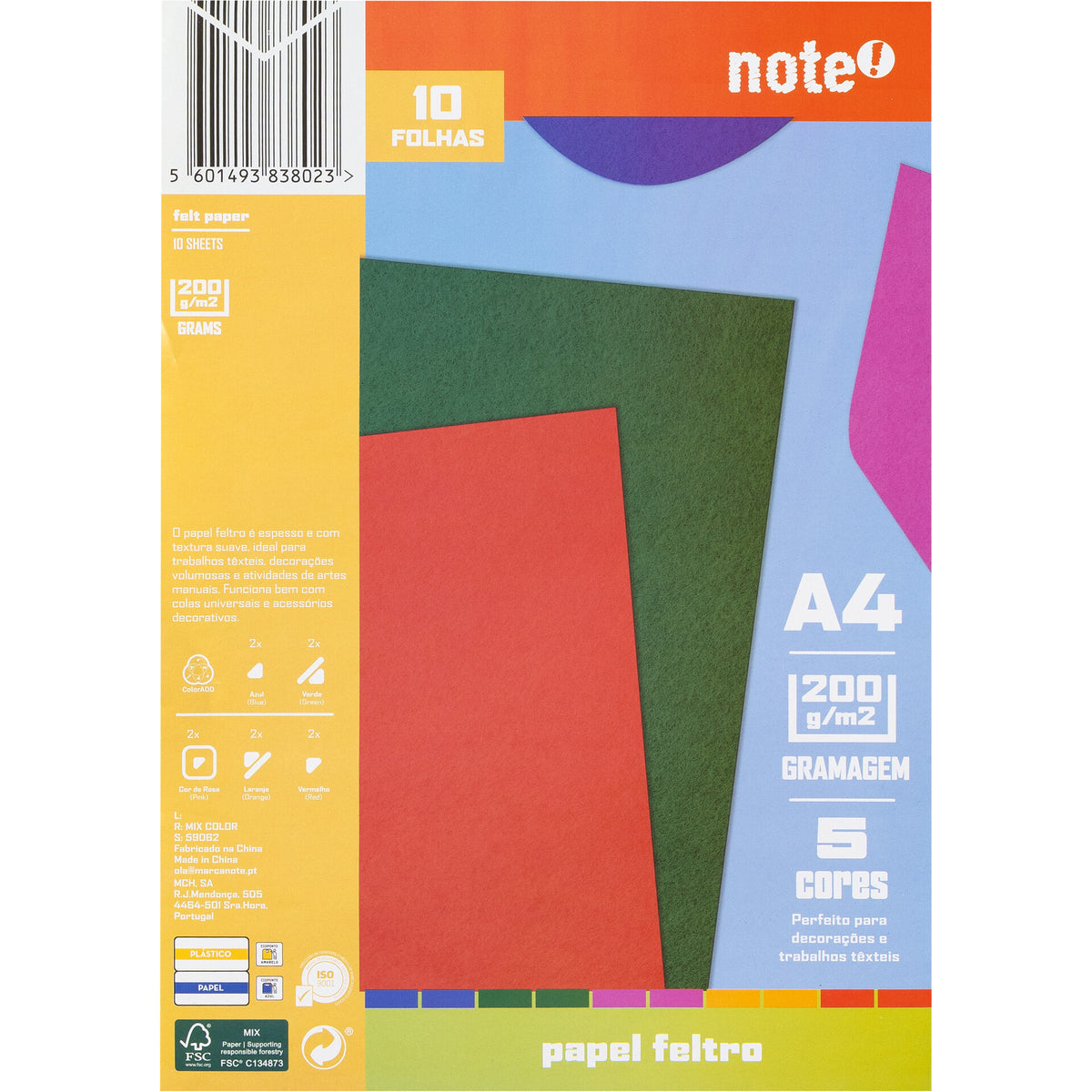 Papel de Feltro A4 10 Folhas Multicolor Note!
