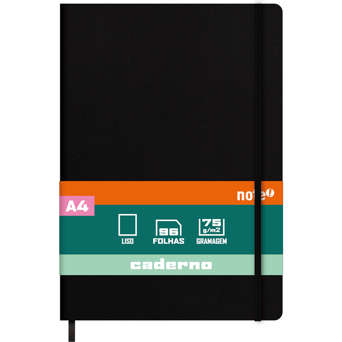 Caderno Agrafado A4 Capa Dura Preta com Elástico Liso Note!