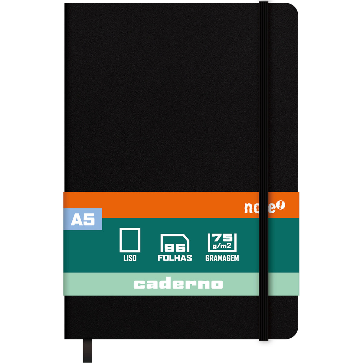 Caderno Agrafado A5 Capa Dura Preta com Elástico Liso Note!