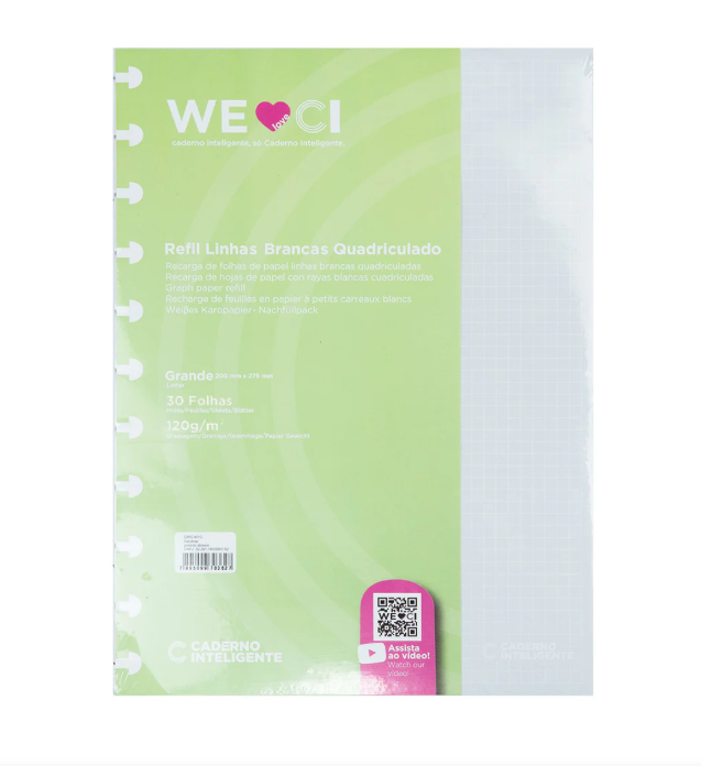 Recarga para Caderno Inteligente A4 Quadriculadas com Linhas Brancas 120G
