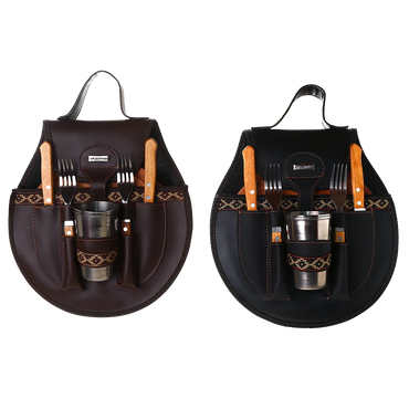 BBQ Set Round Double Case - Black Eco Leather