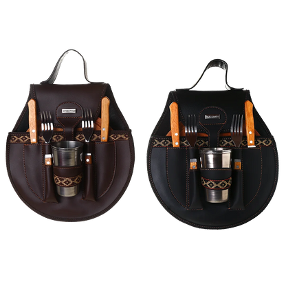 BBQ Set Round Double Case - Black Eco Leather