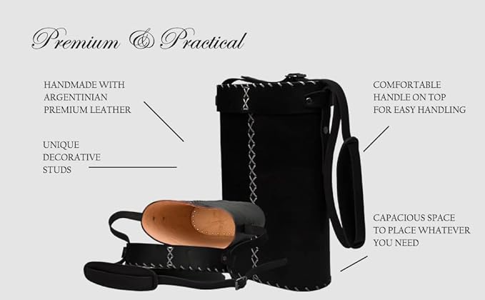 Black Leather Matera Bag | Yerba Mate Carry Bag for Gourd, Thermos & Accessories