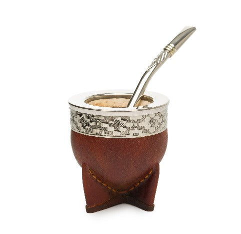 Imperial Pampa Brown Leather Mate with Alpaca Rim & Steel Straw | Premium Argentine Gourd Set