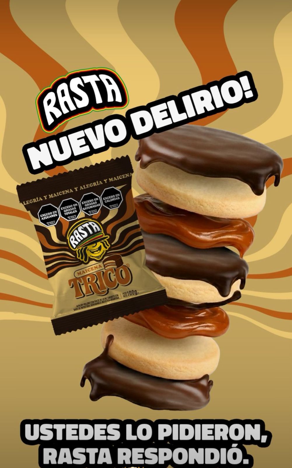 Rasta NEW Trico Triple Alfajor 100g | Cornstarch Triple Layer with Dulce de Leche & Dark Chocolate