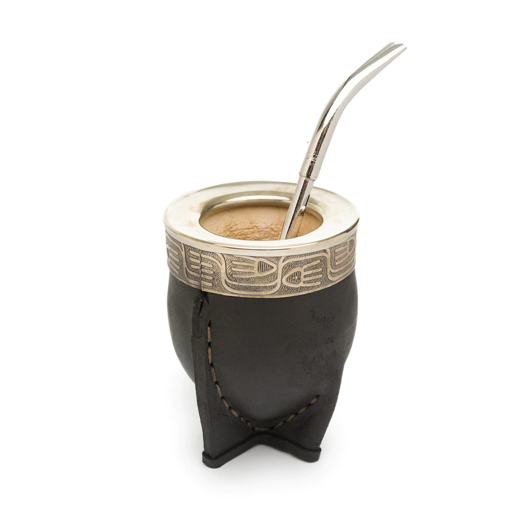 Imperial Norte Black Leather Mate with Alpaca & Steel Rim + Stainless Steel Pico de Loro Straw