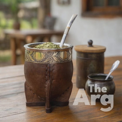 Imperial Brown Leather Mate Cup with Alpaca & Steel Rim + Stainless Steel “Pico de Loro” Bombilla | Handmade Argentine Mate Gourd